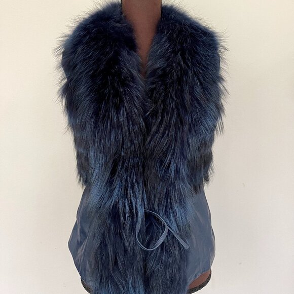 NWOT Leather Vest Navy Blue Real Fox Fur XS size - Picture 4 of 16